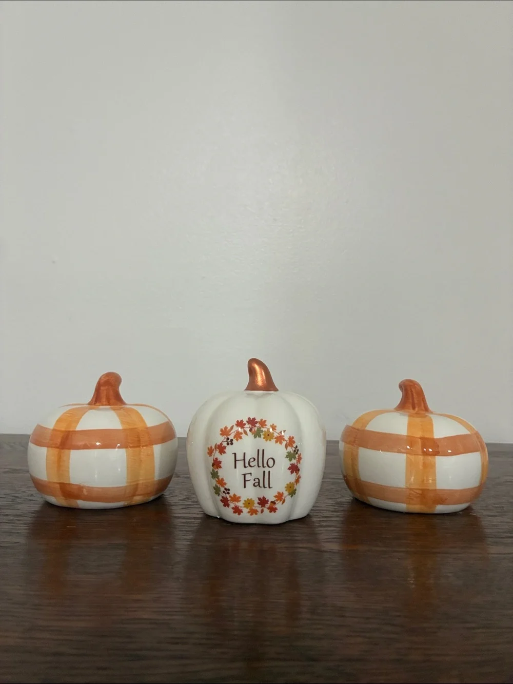 NWT- Hello Fall & Orange & White Striped Ceramic Pumpkins Trio